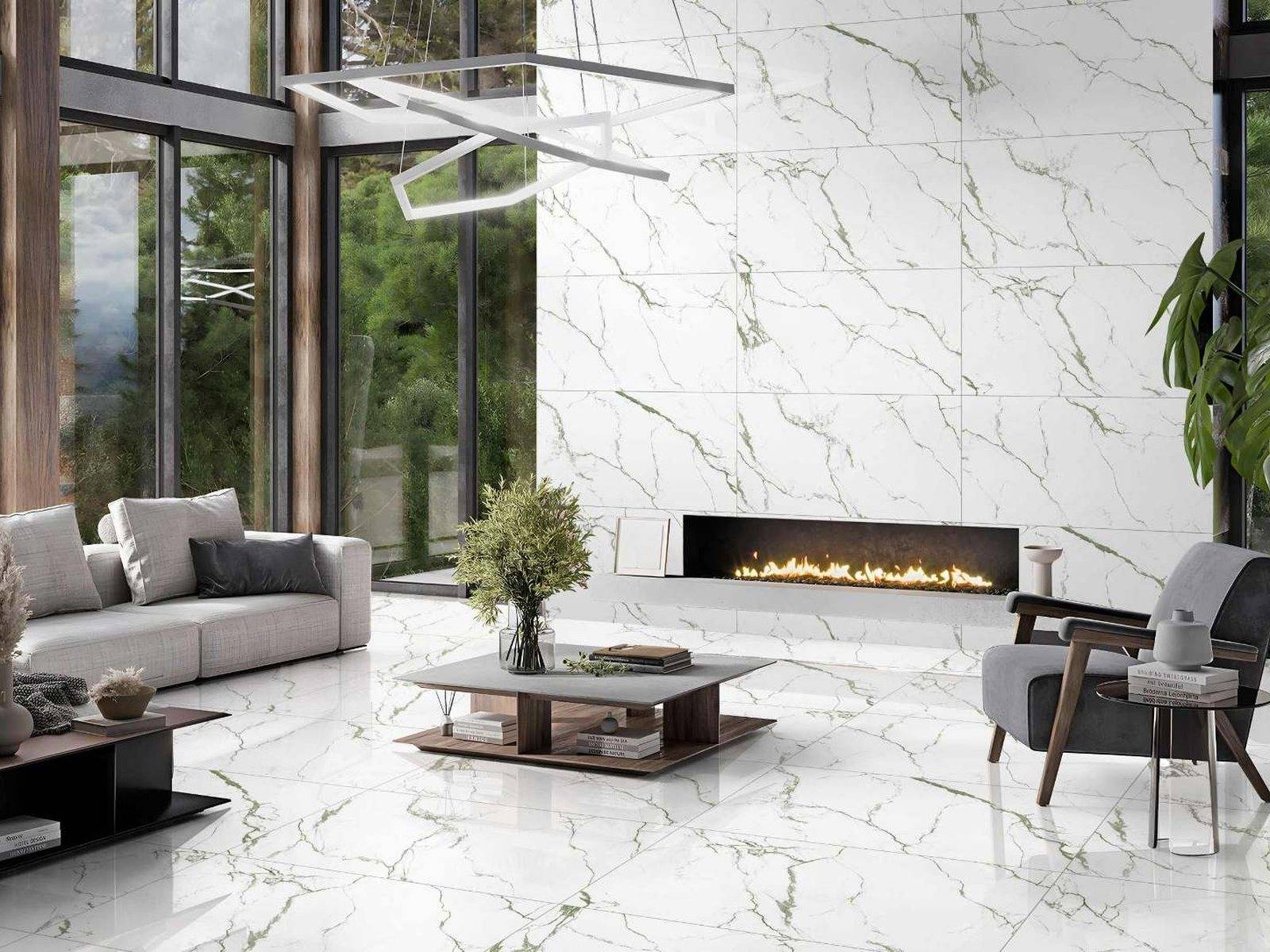 A living room floored and walled in Lumara Statuario marble-effect porcelain